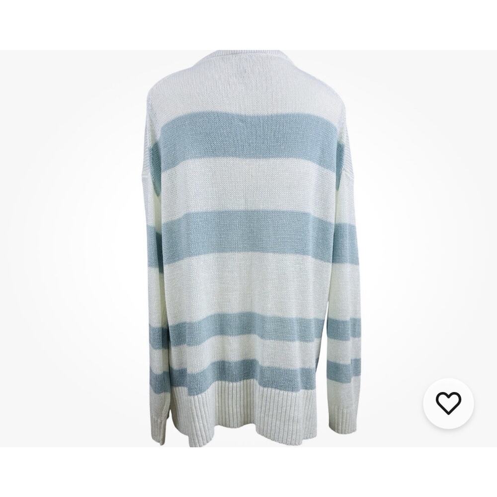Haven Well Within Sz L Blue Striped V neck Linen, Org Cotton Coastal LS Sweater - Picture 4 of 8